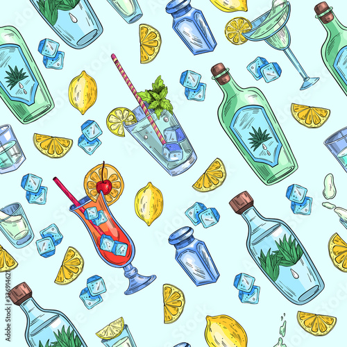 Vector hand drawn colorful seamless pattern with alcoholic beverages, tropical cocktails, Mexican tequila and Caribbean rum. For apparel, menu, wrapping paper, wallpaper, etc.