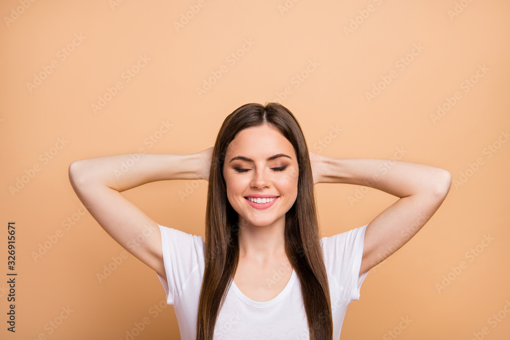 Top above high angle view photo of positive cheerful satisfied girl lei enjoy rest relax spring free time sleep with closed eyes wear good look outfit isolated over beige color background Top above high angle view photo of positive cheerful satisfied girl lei enjoy rest relax spring free time sleep with closed eyes wear good look outfit isolated over beige color background