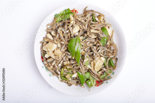 Stir fried dried fish with chili photo