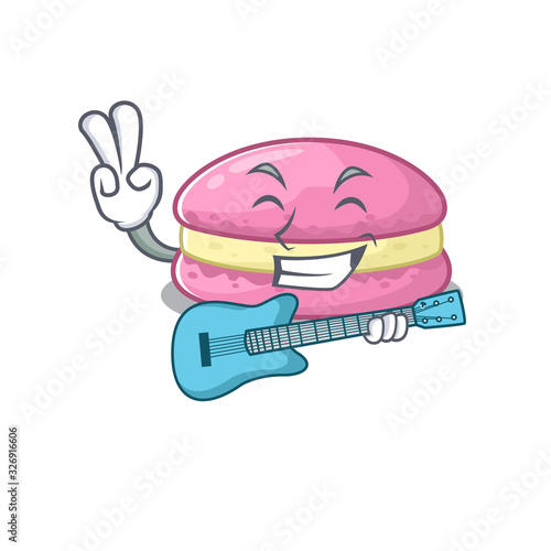 A picture of strawberry macarons playing a guitar