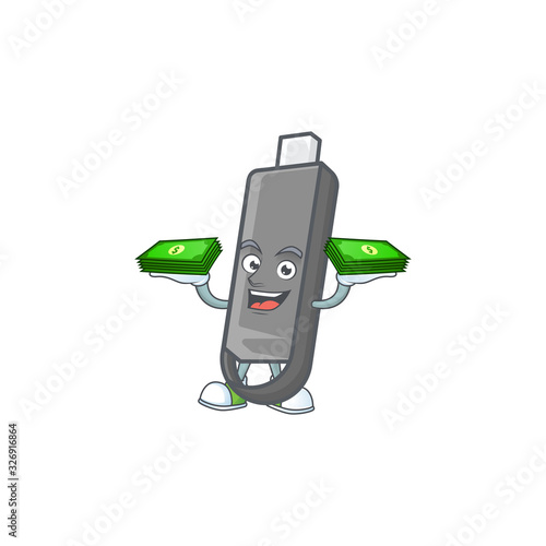 rich and famous flashdisk cartoon character with money on hands