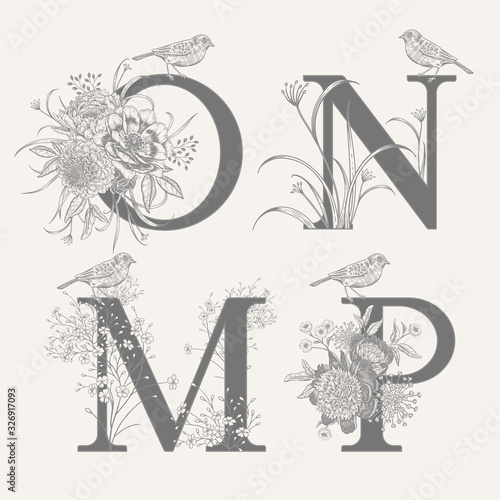 Set of decorations with letters O N M P, decorative herbs, peonies flowers and birds.