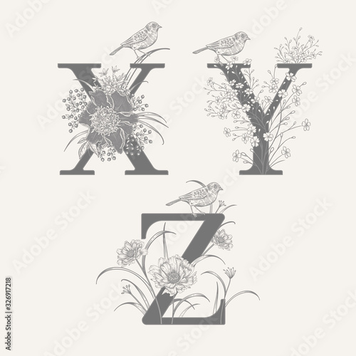 Set of decorations with letters X Y Z, decorative herbs, peonies flowers and birds.