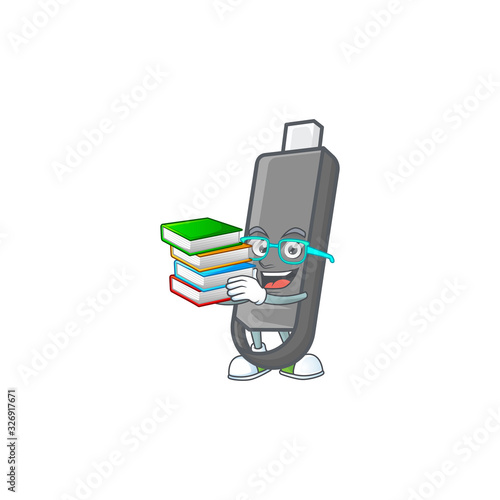 A brainy clever cartoon character of flashdisk studying with some books
