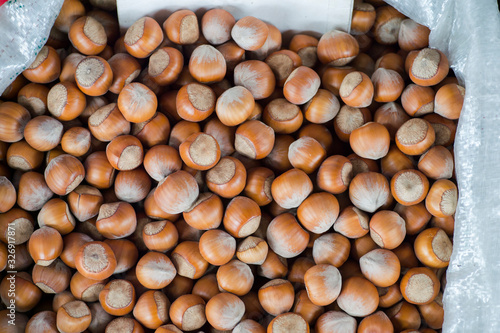 Selected hazelnuts in a polypropylene white bag on the store counter. Background. The view from the top