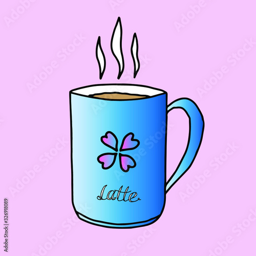 blue cup with hot drink isolated on a pink background .vector illustration  color logo.