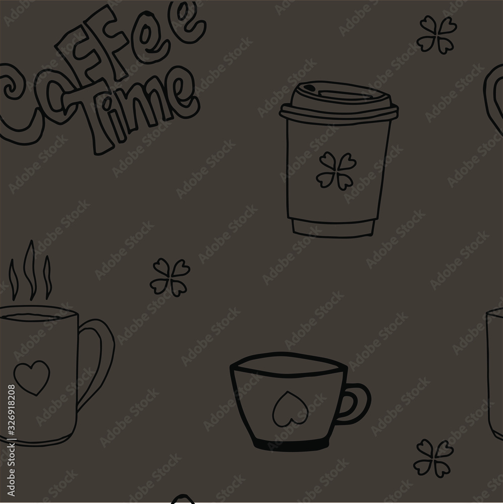 Seamless illustration of cups of coffee on a brown background. Coffee time. Vector illustration. Postcards, manufacturing, wallpaper, printing, packaging and scrapbooking, background for the menu. Seamless illustration of cups of coffee on a brown background. Coffee time. Vector illustration. Postcards, manufacturing, wallpaper, printing, packaging and scrapbooking, background for the menu.