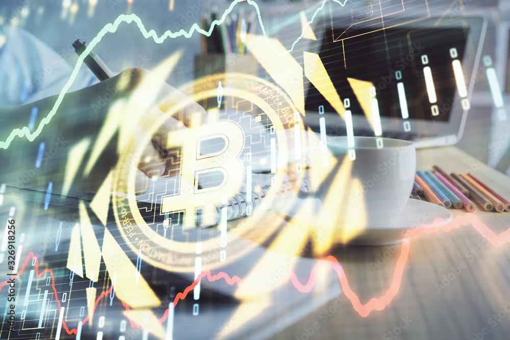 Cryptocurrency hologram, bitcoin, ico theme over hands taking notes background. Concept of blockchain. Multi exposure Cryptocurrency hologram, bitcoin, ico theme over hands taking notes background. Concept of blockchain. Multi exposure