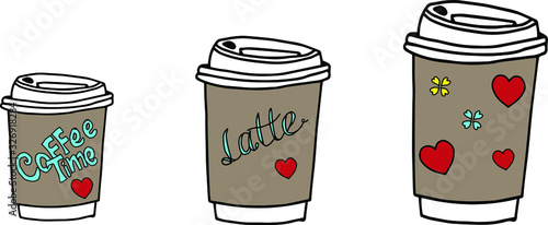 three cups of hot coffee to go.Vector illustration isolated on white background.