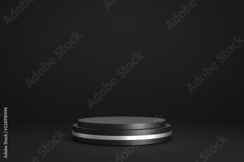 Black podium or pedestal display on dark background with cylinder stand and silver ring concept. Blank product shelf standing backdrop. 3D rendering.