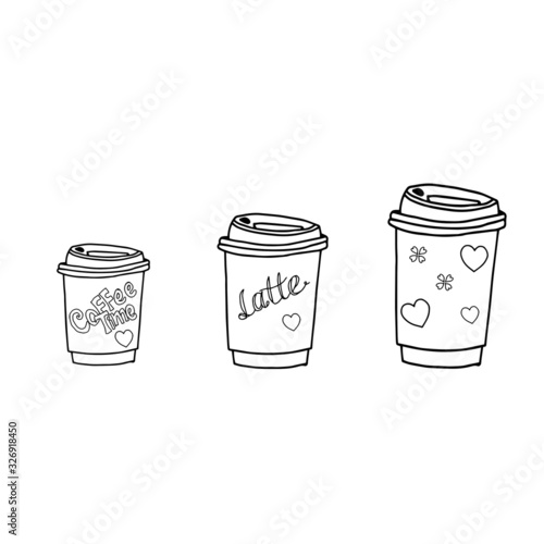 three cups of hot coffee to go.Vector illustration isolated on white background.