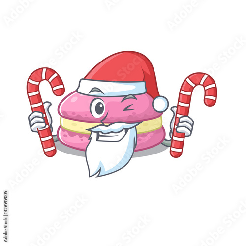 Strawberry macarons Cartoon character wearing Santa costume bringing a candy