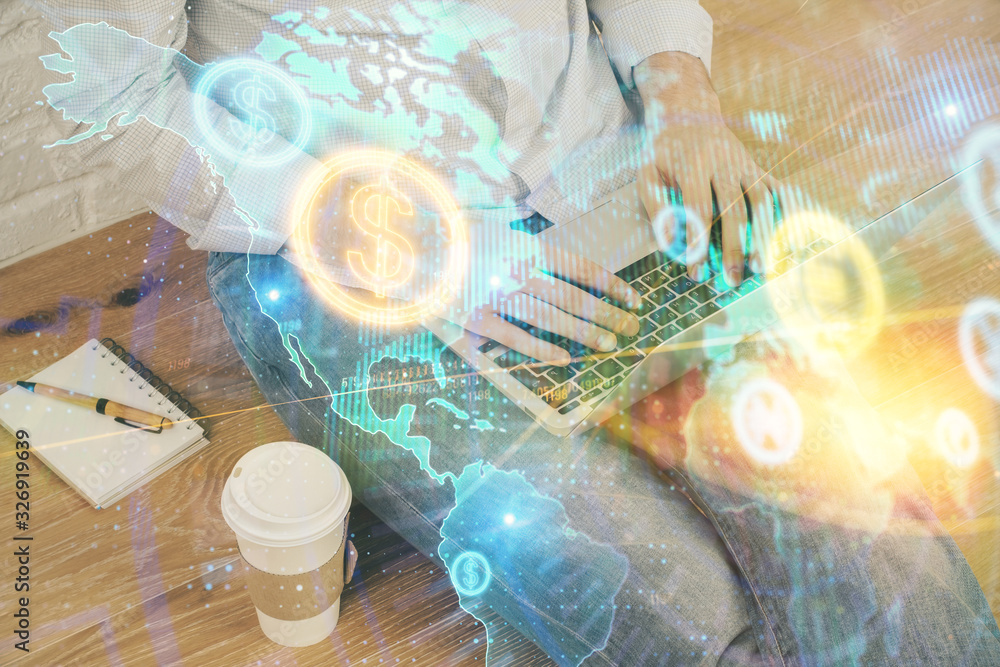 Forex graph with businessman working on computer in office on background. Concept of analysis. Double exposure. Forex graph with businessman working on computer in office on background. Concept of analysis. Double exposure.
