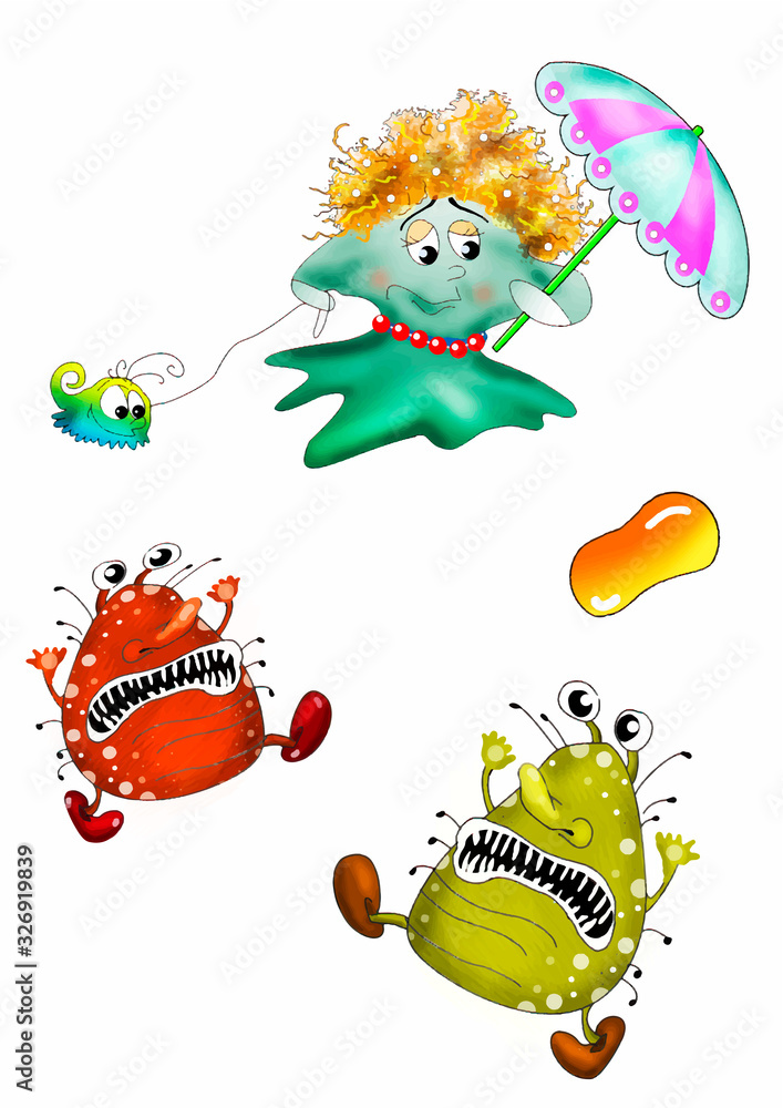 Naklejka premium Set of drawings funny microbes, microorganisms, creatures. The fight against the virus, with the coronovirus. Banner, illustration. Soap and cleanliness kill germs. For the design of your products