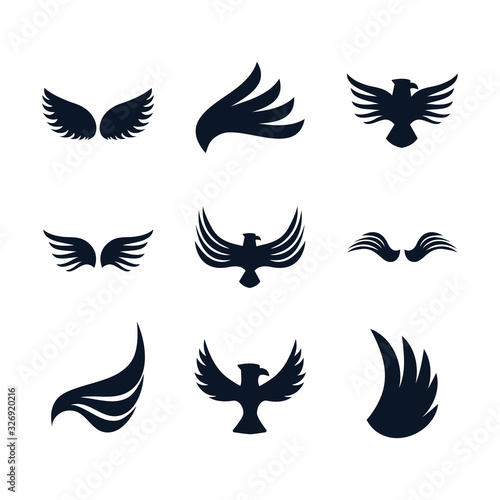 Isolated wings and eagles silhouette style icon set vector design