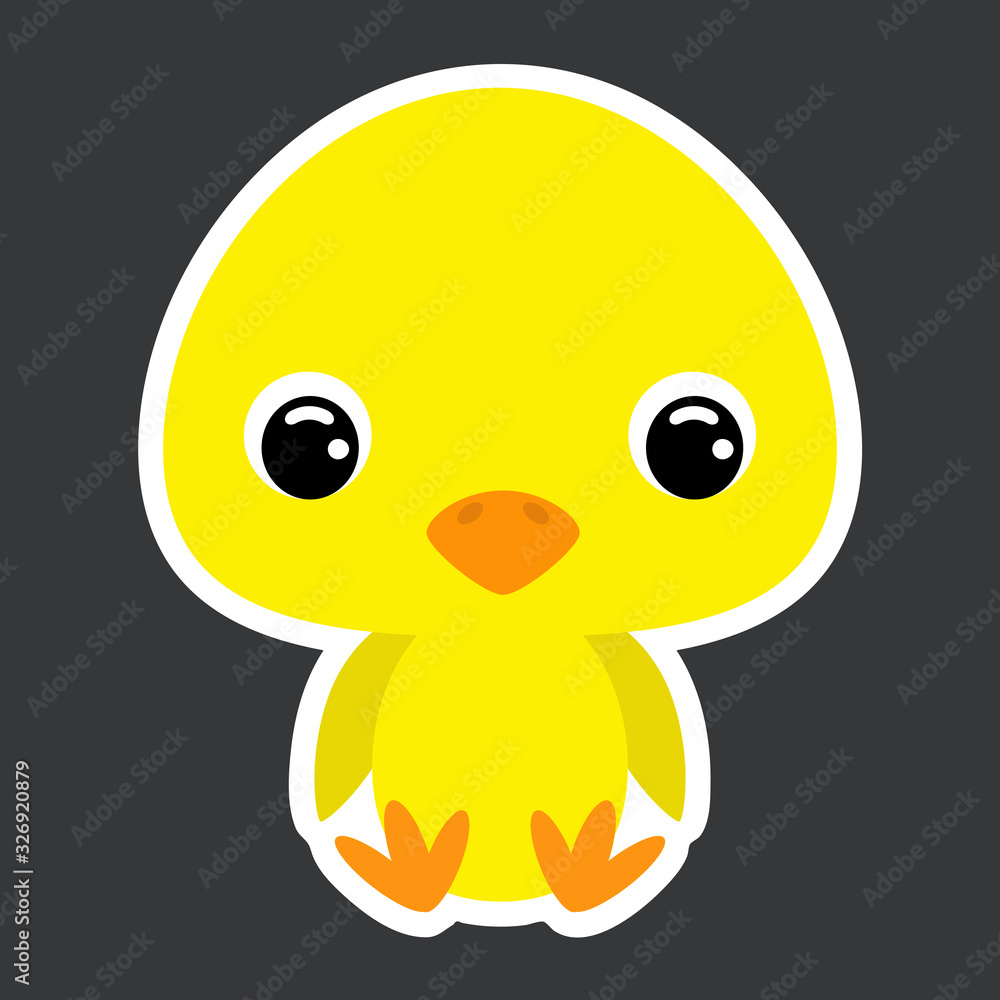 Children's sticker of cute little sitting chicken. Flat vector stock illustration