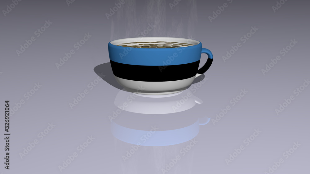 country flag of Estonia placed on a cup of hot coffee in a 3D illustration with realistic perspective and shadows mirrored on country flag of Estonia placed on a cup of hot coffee in a 3D illustration with realistic perspective and shadows mirrored on