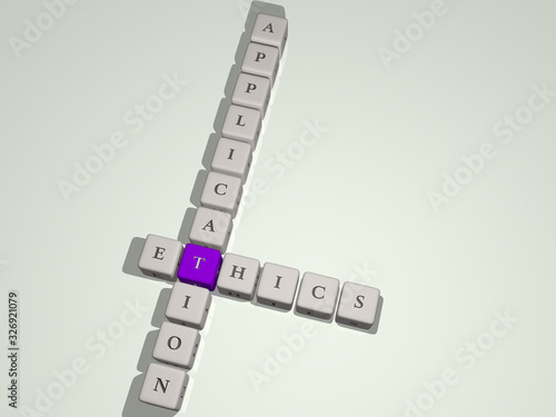 ETHICS APPLICATION combined by dice letters and color crossing for the related meanings of the concept