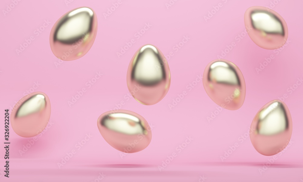 Pink background with golden eggs. 3d rendering