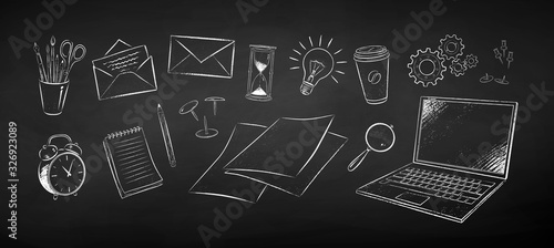 Black and white chalk drawn illustration set