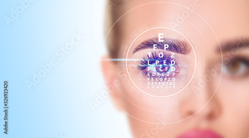 Woman eye and eyechart in scanning circle closeup. photo