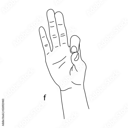 F is the sixth letter of the alphabet in sign language. Vector graphics image of a hand. The language of the deaf and dumb. Line art drawing. Black and white illustration. Fingers folded in letter f