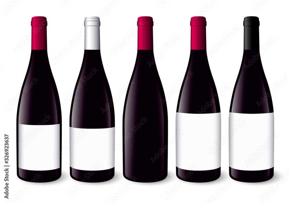 Realistic illustration of red wine bottles.Red, silver and black bottle capsule. Realistic illustration of red wine bottles.Red, silver and black bottle capsule.