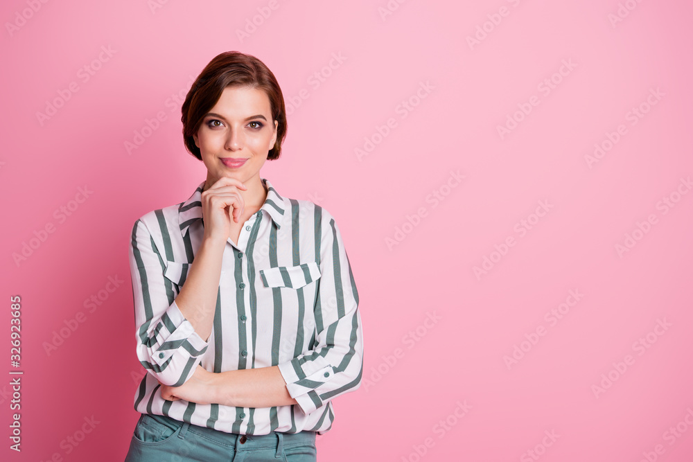 Portrait of lovely smart businesswoman feel she success expert entrepreneur touch hand chin wear stylish clothing isolated over pink color background Portrait of lovely smart businesswoman feel she success expert entrepreneur touch hand chin wear stylish clothing isolated over pink color background