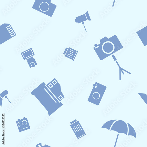 Photo equipment background - Vector seamless pattern solid minimal silhouettes of camera, flash, lens, tripod, slr and light for graphic design