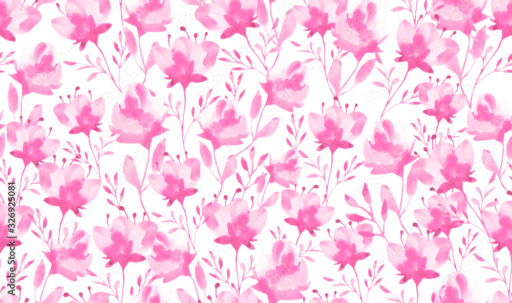Watercolor seamless pattern with pink flowers. Watercolor flower on white background. Textile flower print.