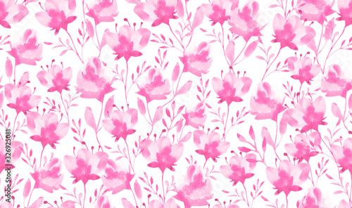 Watercolor seamless pattern with pink flowers. Watercolor flower on white background. Textile flower print.