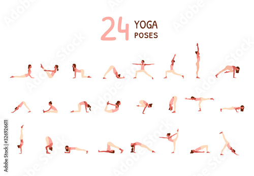  Set of tiny women performing yoga poses. Women practicing asanas and pelvic floor exercises. Flat cartoon vector illustration isolated on white background. 