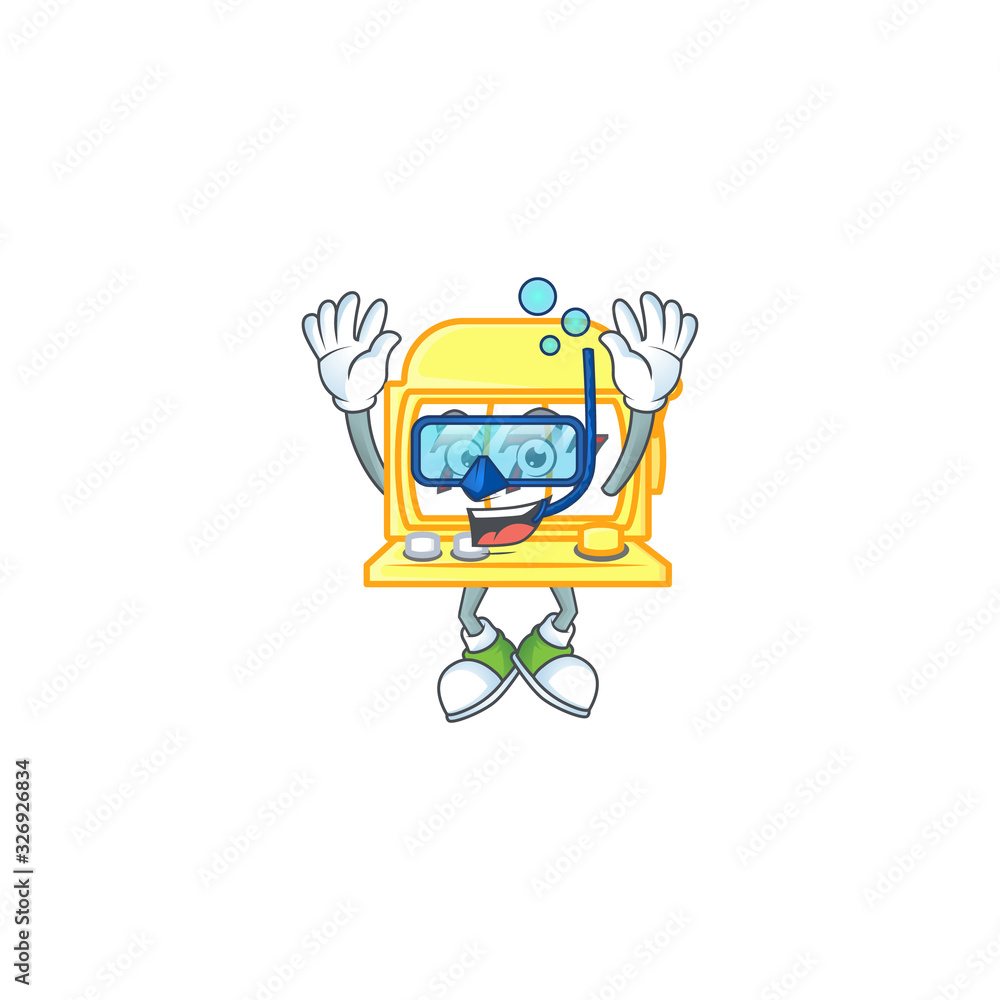 A mascot icon of golden slot machine wearing Diving glasses A mascot icon of golden slot machine wearing Diving glasses
