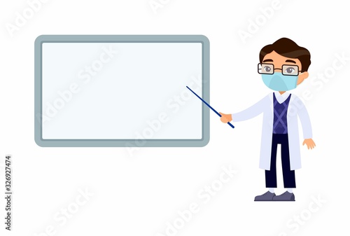 Asian male doctor point to a blank medical demonstration board. A doctor in a white coat, a character with a protective mask on his face. Virus protection, allergies concept. Vector illustration 