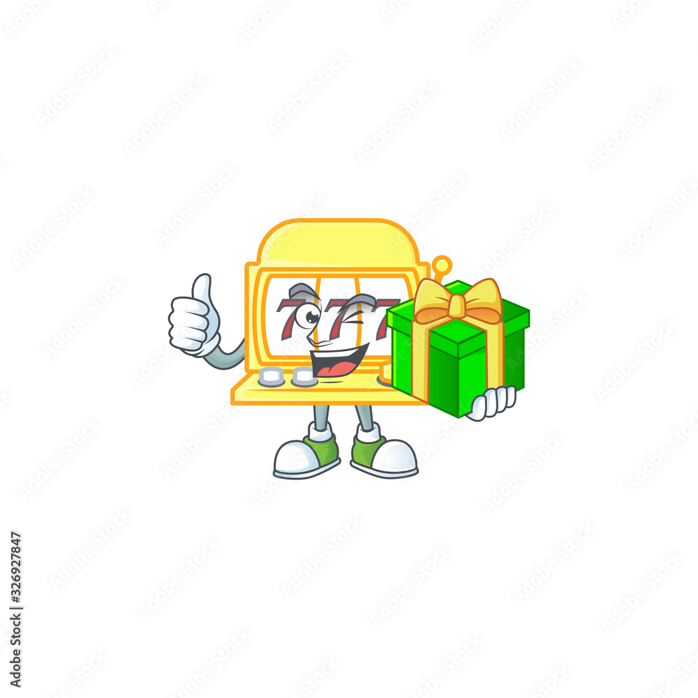 Cute golden slot machine character holding a gift box Cute golden slot machine character holding a gift box