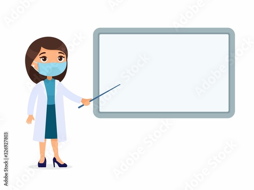 Female doctor point to a blank medical demonstration board. A doctor in a white coat, a character with a protective mask on his face. Virus protection, allergies concept. Vector illustration 