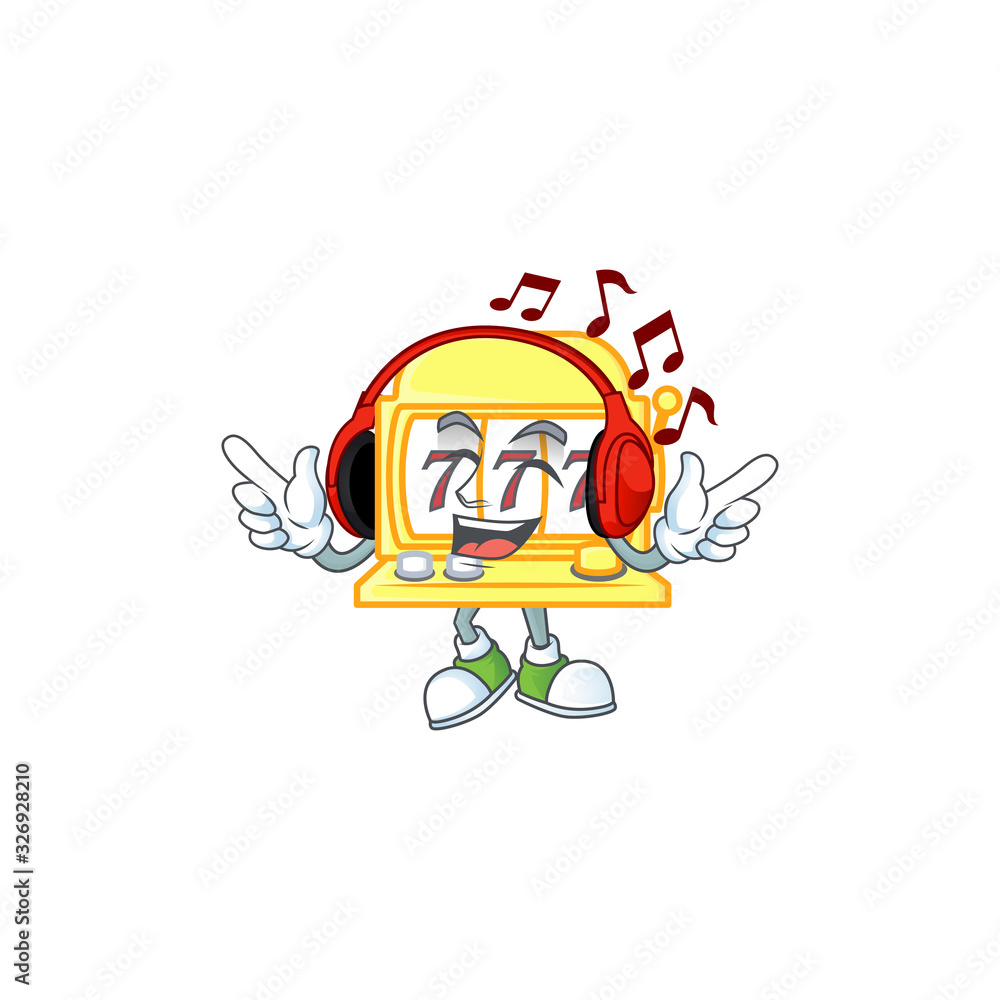 Golden slot machine cartoon character design Listening music on a headset
