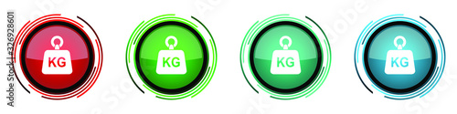 Weight, kg, kilogram round glossy vector icons, set of buttons for webdesign, internet and mobile phone applications in four colors options isolated on white background