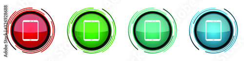 Tablet, mobile, phone, smartphone round glossy vector icons, set of buttons for webdesign, internet and mobile phone applications in four colors options isolated on white background