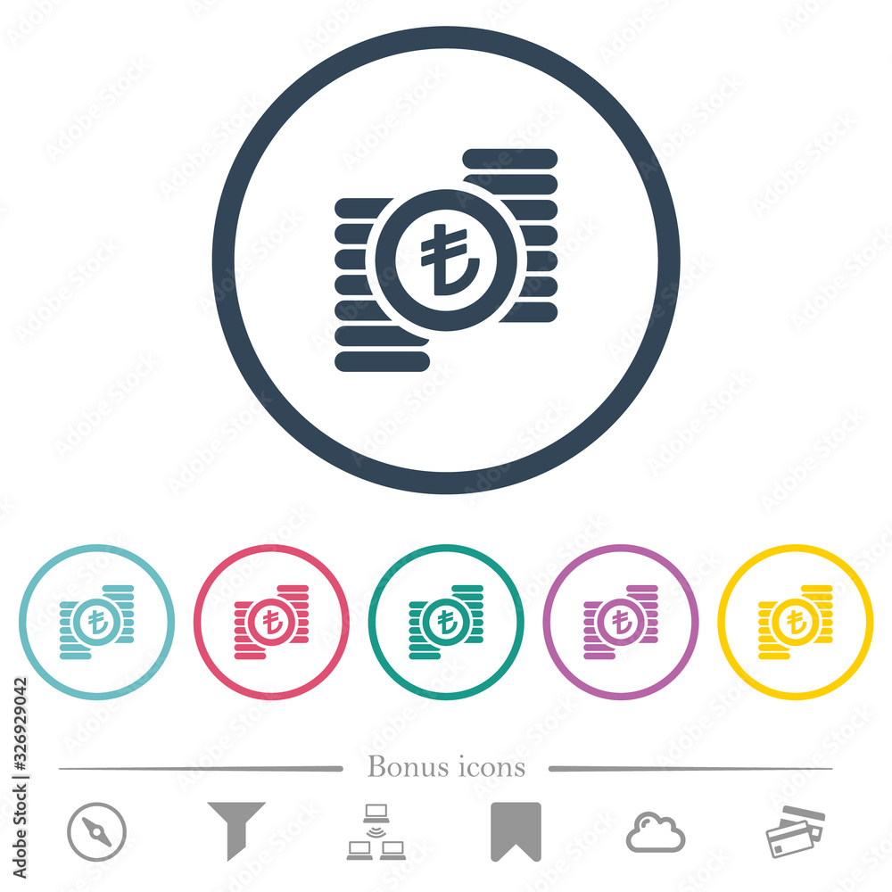 Turkish Lira coins flat color icons in round outlines Turkish Lira coins flat color icons in round outlines