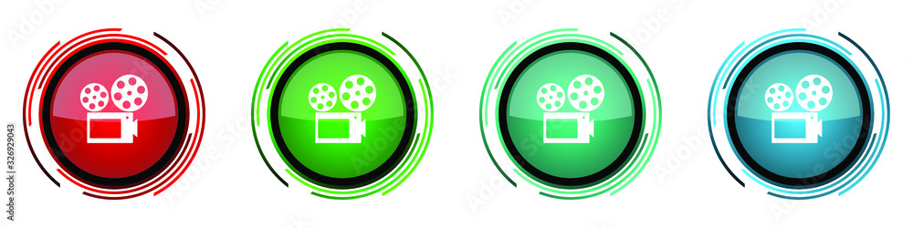 Movie round glossy vector icons, set of buttons for webdesign, internet and mobile phone applications in four colors options isolated on white background Movie round glossy vector icons, set of buttons for webdesign, internet and mobile phone applications in four colors options isolated on white background