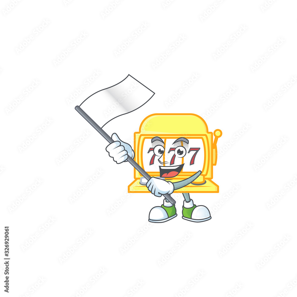 Funny golden slot machine cartoon character design with a flag