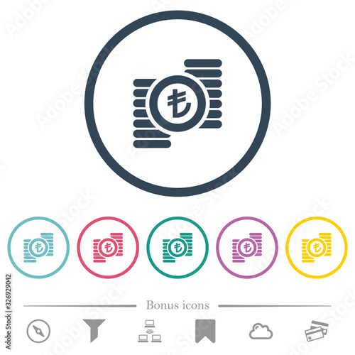 Turkish Lira coins flat color icons in round outlines