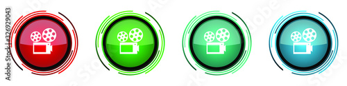 Movie round glossy vector icons, set of buttons for webdesign, internet and mobile phone applications in four colors options isolated on white background