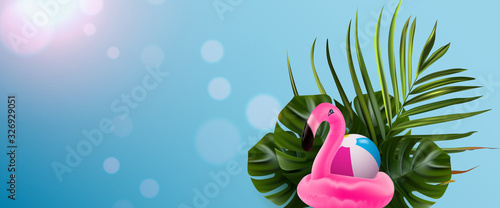 Tropical flower. Flamingo banner. Jungle palm and tropic background. Vector floral illustration. Colorful tropical flower banner.