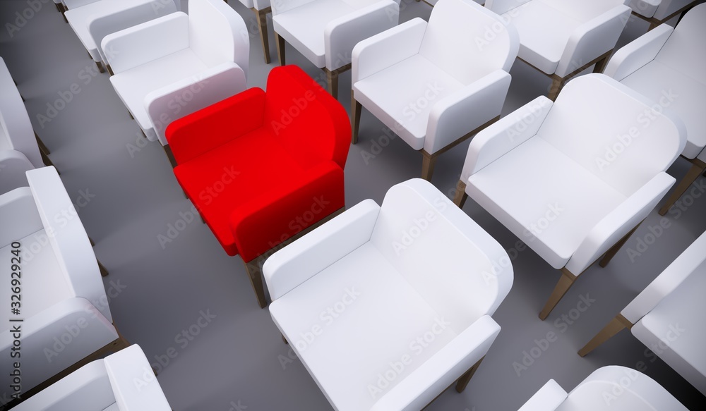 Concept or conceptual red armchair standing out in a  conference room as a metaphor for leadership, vision and strategy. A  3d illustration of individuality, creativity and achievement - obrazy, fototapety, plakaty 