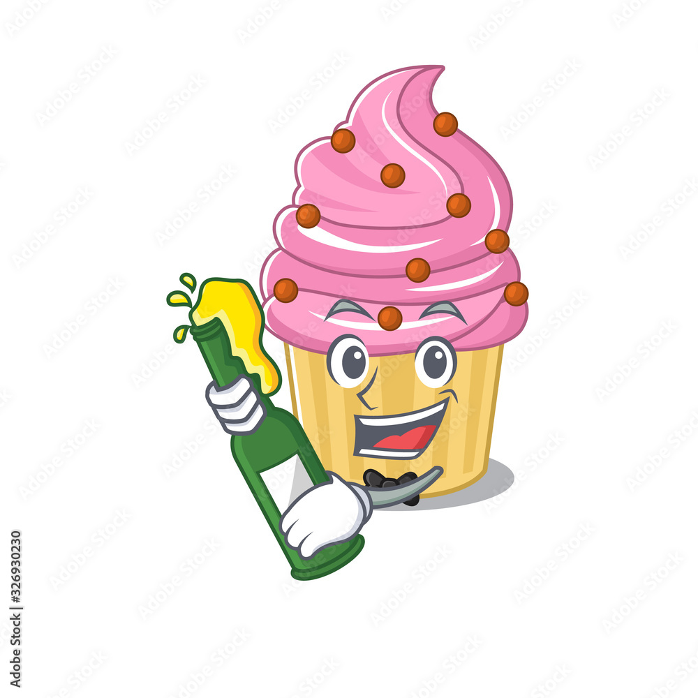 mascot cartoon design of Strawberry cupcake with bottle of beer