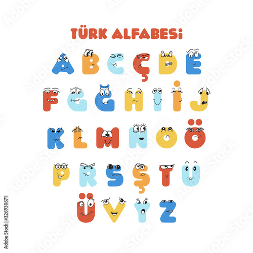 Turkish colorful alphabet for kids education with cute hand drawn characters. easy print for poster, banner, kids room wall decoration. Educational material for kindergarten, preschool, school.