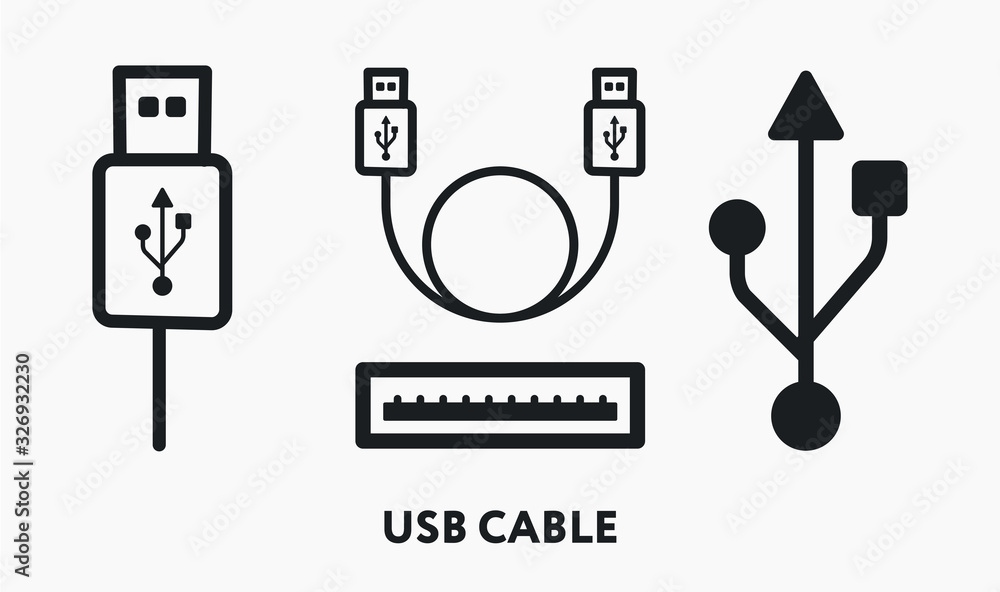 USB Cable Connector Port Cord Wire Symbol. Flat Vector Line Icon Set.  vector de Stock | Adobe Stock