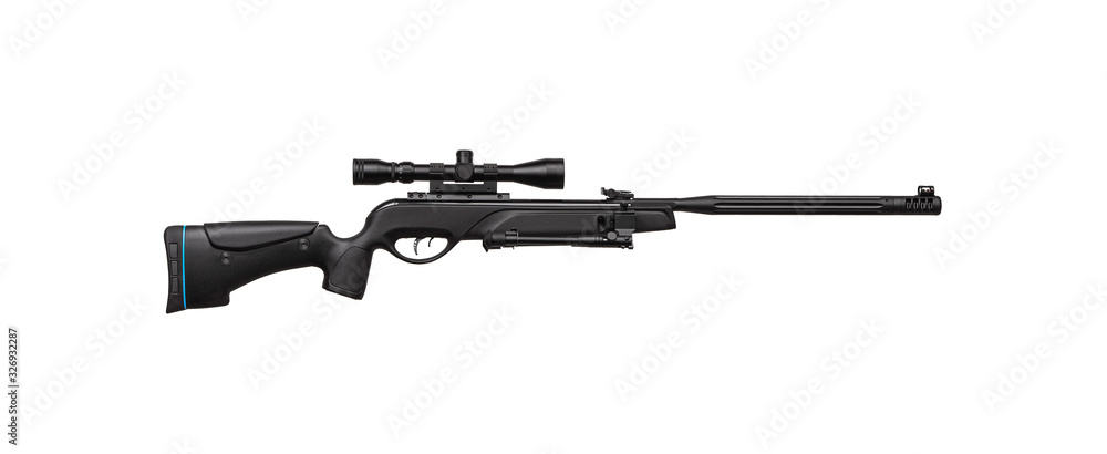 Pneumatic rifle with a telescopic sight. Modern air rifle on a bipod isolate on a white background. Sports weapon for accurate shooting.